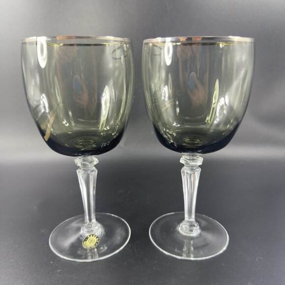 Sasaki Glass Platinum Rim Smokey Green Black Goblet Glasses Cups 7inch Set 2 VTG - Picture 10 of 11